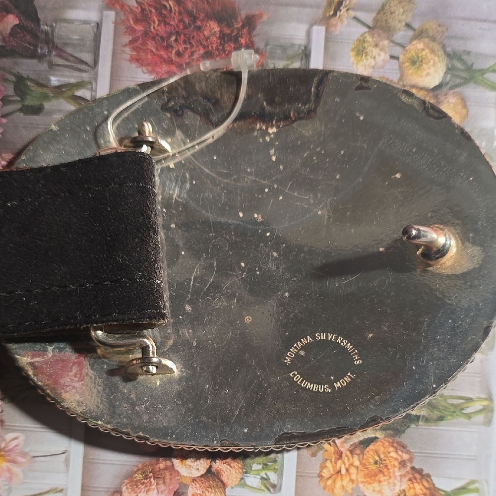 Montana Silversmiths Silver Horse Belt Buckle & Black Hobby Horse Belt Sz 34 - Picture 2 of 3
